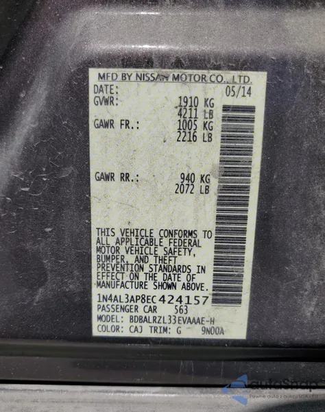 2014 Nissan Altima 2.5 from USA, damaged, VIN 1N4AL3AP8EC424157